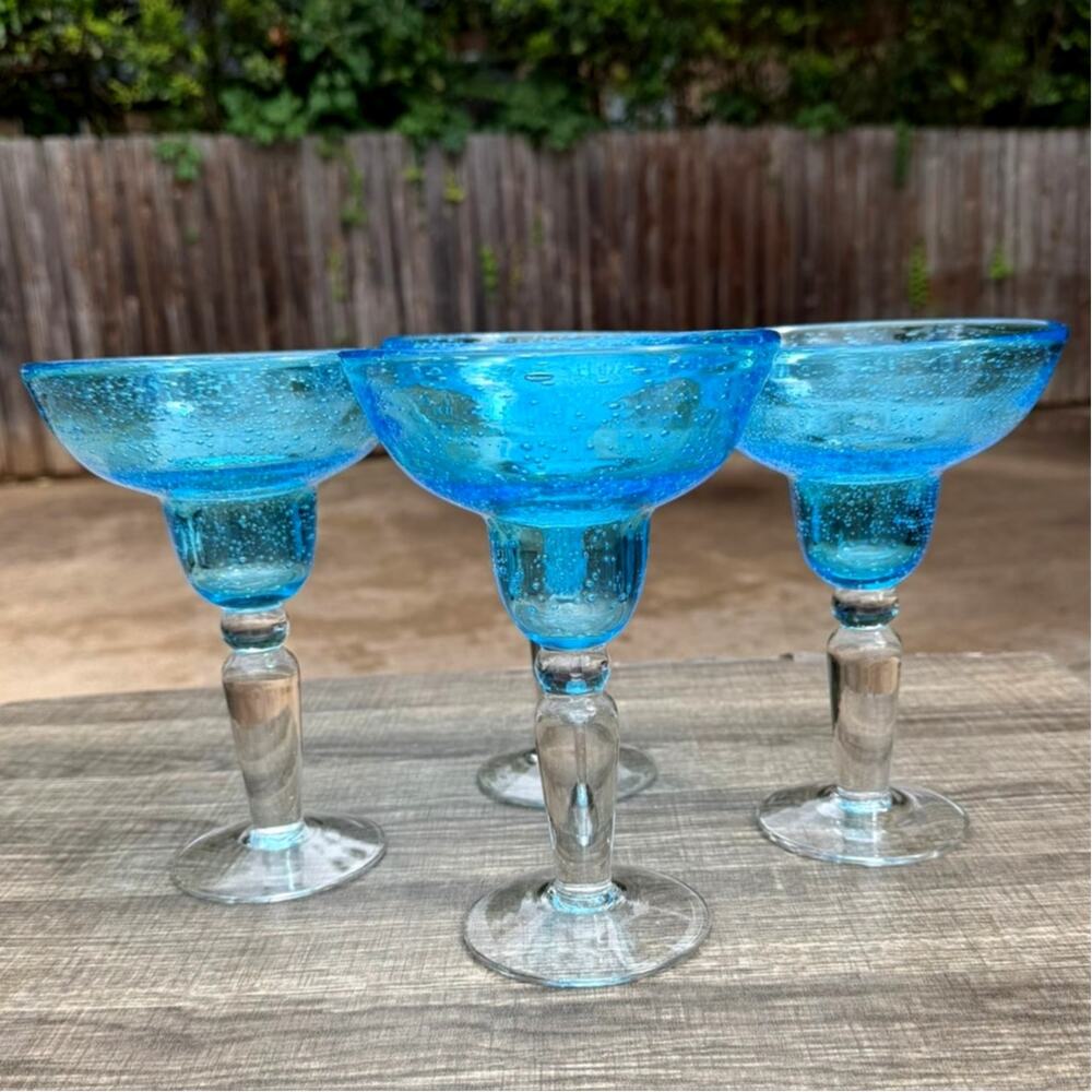 Hand Blown Aqua Blue Margarita Glasses Seeded Bubble Glass Clear Stem-Set of 4